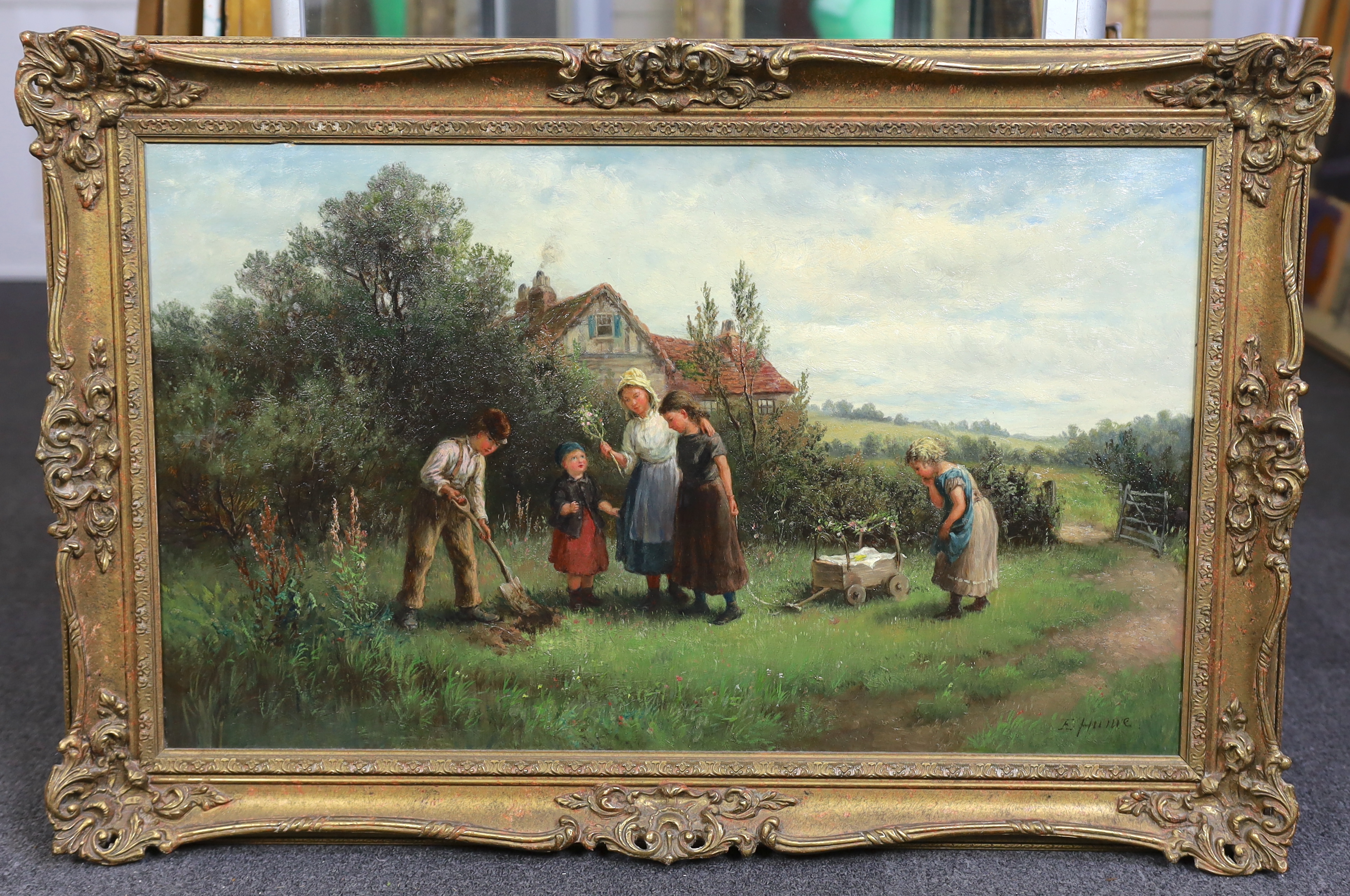 Edith Hume (English, 1843-1906), 'The Canary's Funeral', oil on canvas, 45 x 76cm